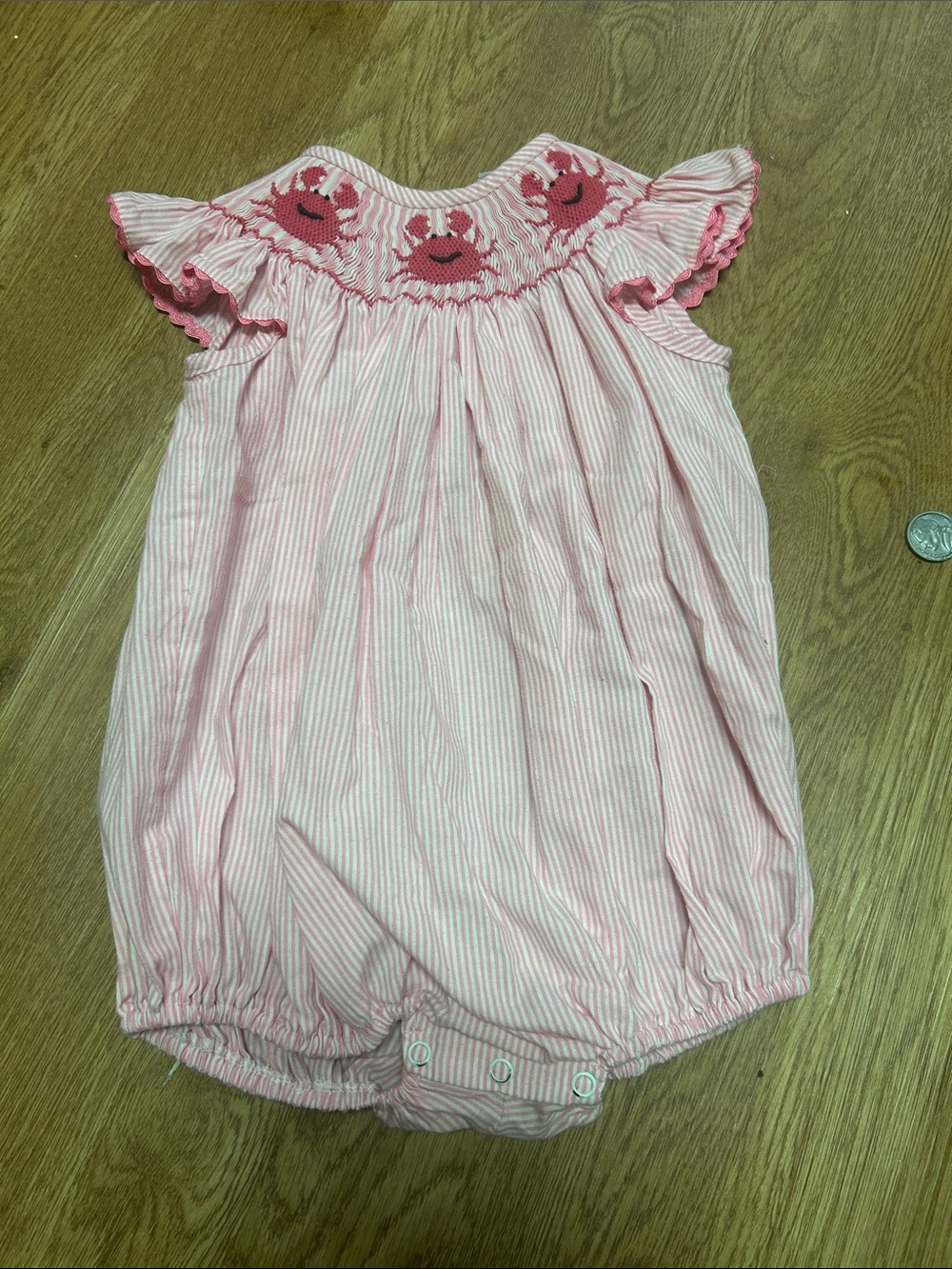 Pink Smocked Crab Stripe Baby One-Piece